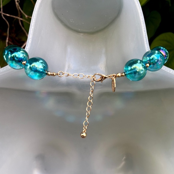 Natasha Couture Clear Blue Acrylic Ball Necklace Retro Iridescent Gold Cocktail - Picture 11 of 13